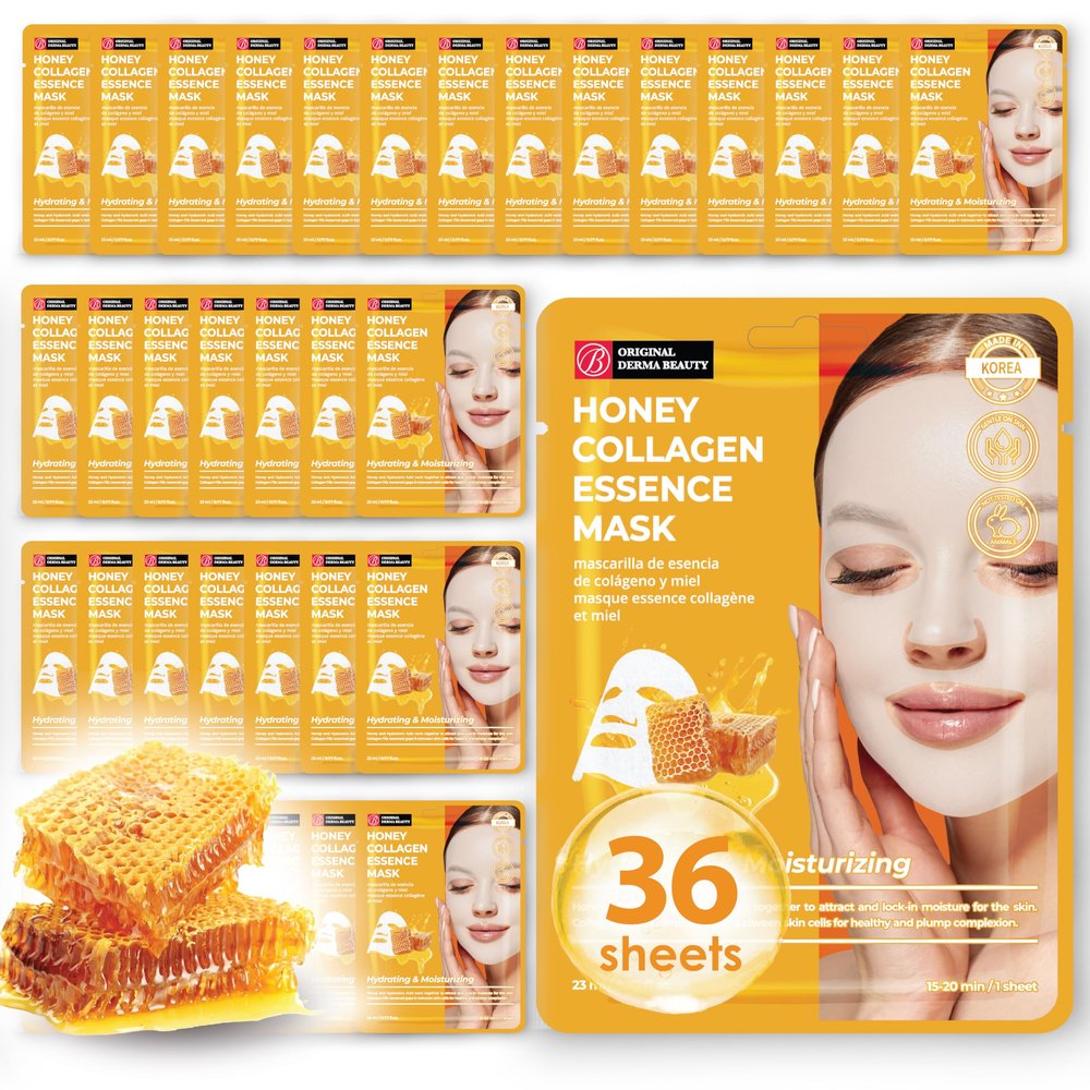 Innerest Original Derma Beauty Collagen Face Masks 36 PK Vegan Ultra Moisturizing Face Masks Skincare Sheet Masks Set for Beauty & Personal Care Korean Face Mask (Honey)