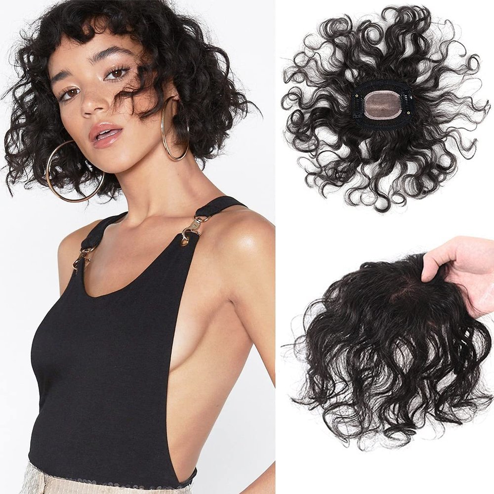 12" Hand Woven 7x9cm Insiviable Mono Base Wave Human Hair Topper Natural Black Add Extra Hair Volume Curly Replacement Hairpieces Clip in Topper Hair Pieces for Women