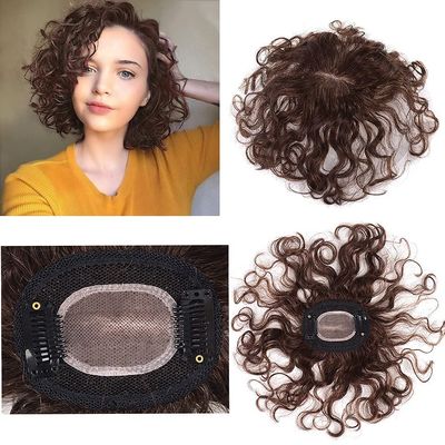 10" Hand Woven 7x9cm Insiviable Mono Base Wave Human Hair Topper Add Extra Hair Volume Curly Replacement Hairpieces Clip in Hair Pieces Topper for Women Light Brown