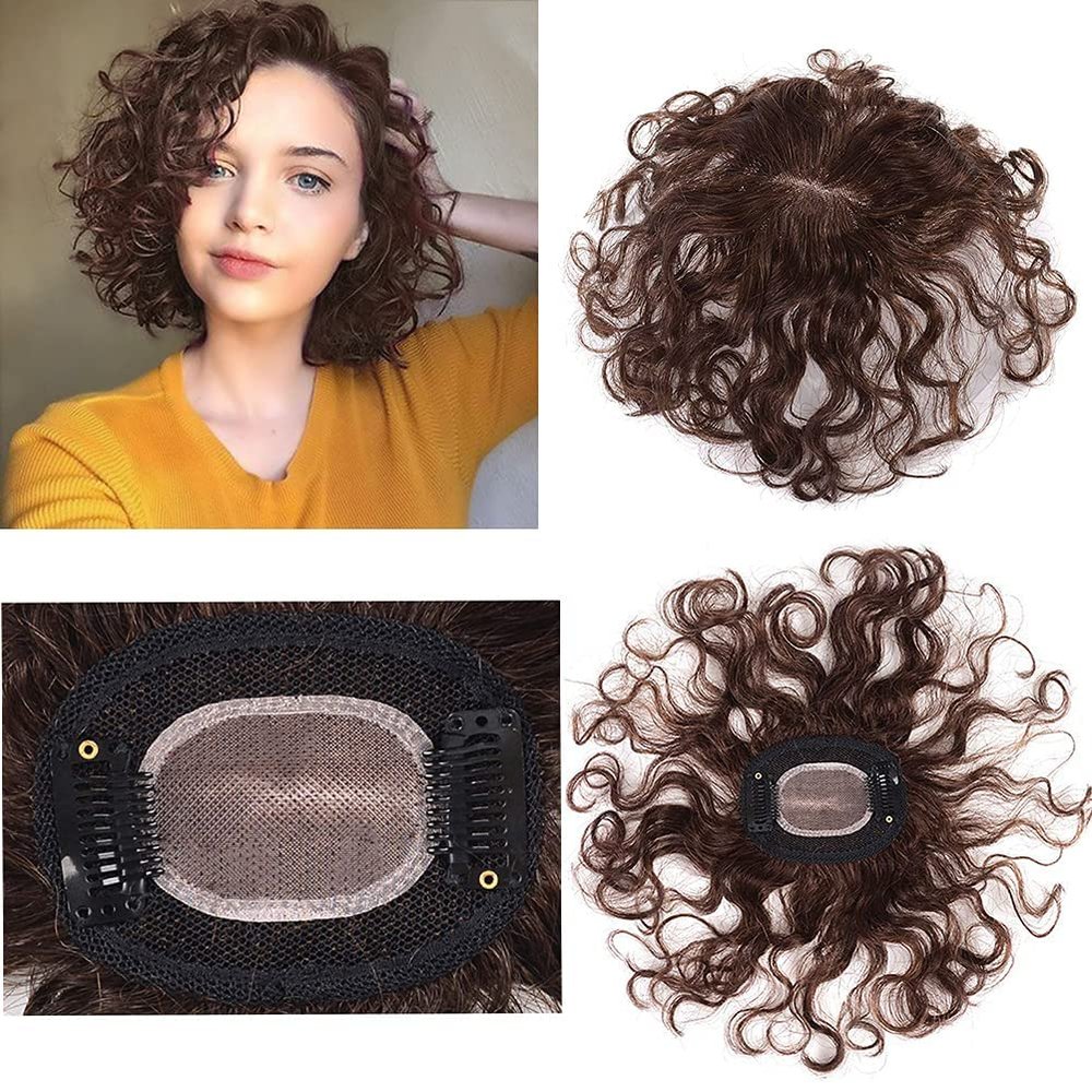 10" Hand Woven 7x9cm Insiviable Mono Base Wave Human Hair Topper Add Extra Hair Volume Curly Replacement Hairpieces Clip in Hair Pieces Topper for Women Light Brown