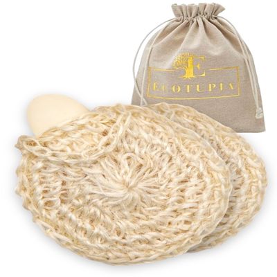Natural Loofah Body Scrubber Exfoliating Loofah Sponge, Handwoven Sisal Agave with Soap Pouch, Eco-Friendly Arabic - Turkish Bath Washcloth for Women & Men (2-Pack)
