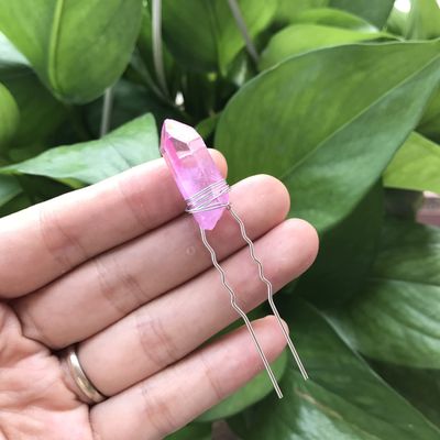 Raw Quartz Point Hair Pins Tiara Silvery Wire Wrapped Crystal Party Bridal Women Barrette Hair Jewelry,Pink