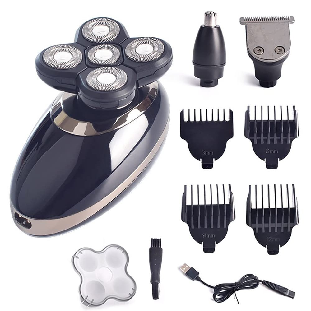 Head Shavers for Bald Men, Five Floating Head 4D Shavers USB Rechargeable For Men Washable Hair Clipper Nose Ear Hair Trimmer Shaving Beard Machine 3 in 1 (Color : P93099-A)