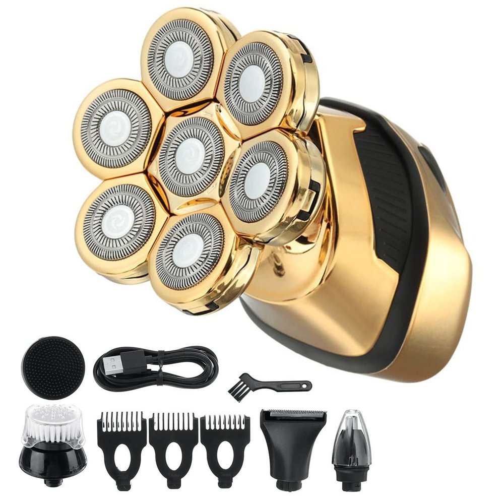 Head Shavers for Bald Men, 7D floating shaver 5 IN 1 Wet Dry Electric Shaver Beard Hair Trimmer Electric Razor Rechargeable LCD Display Bald Shaving Machine Kit for Men (Color : Gold Shaver set)