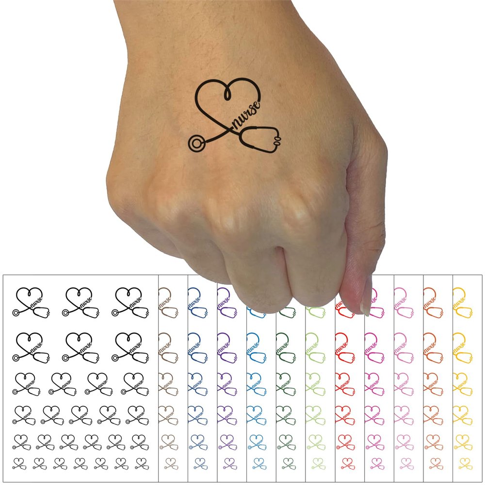 Nurse Heart Stethoscope Temporary Tattoo Water Resistant Fake Body Art Set Collection - Yellow (One Sheet)