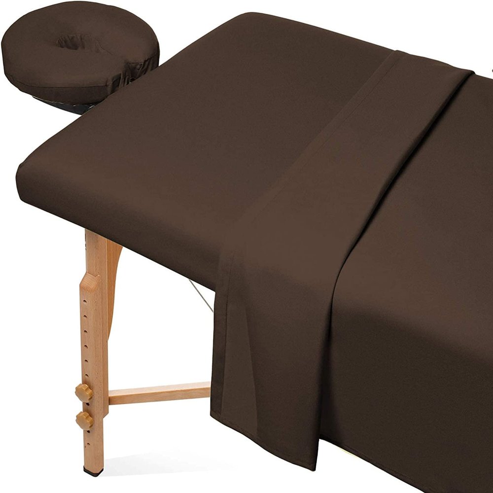 3 Pieces Massage Table Spa Sheet Set 600 Thread Count Ultra Soft Egyptian Cotton - 1 Fitted Sheet 1 Flat Sheet 1 Face Rest Cover - Chocolate