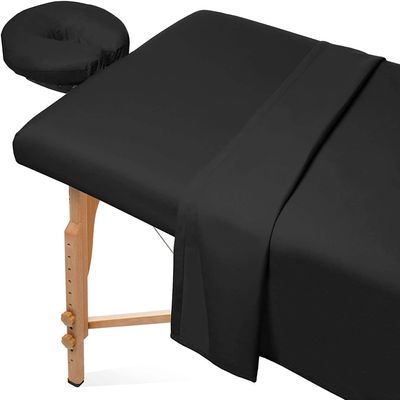 3 Pieces Massage Table Spa Sheet Set 600 Thread Count Ultra Soft Egyptian Cotton - 1 Fitted Sheet 1 Flat Sheet 1 Face Rest Cover - Black