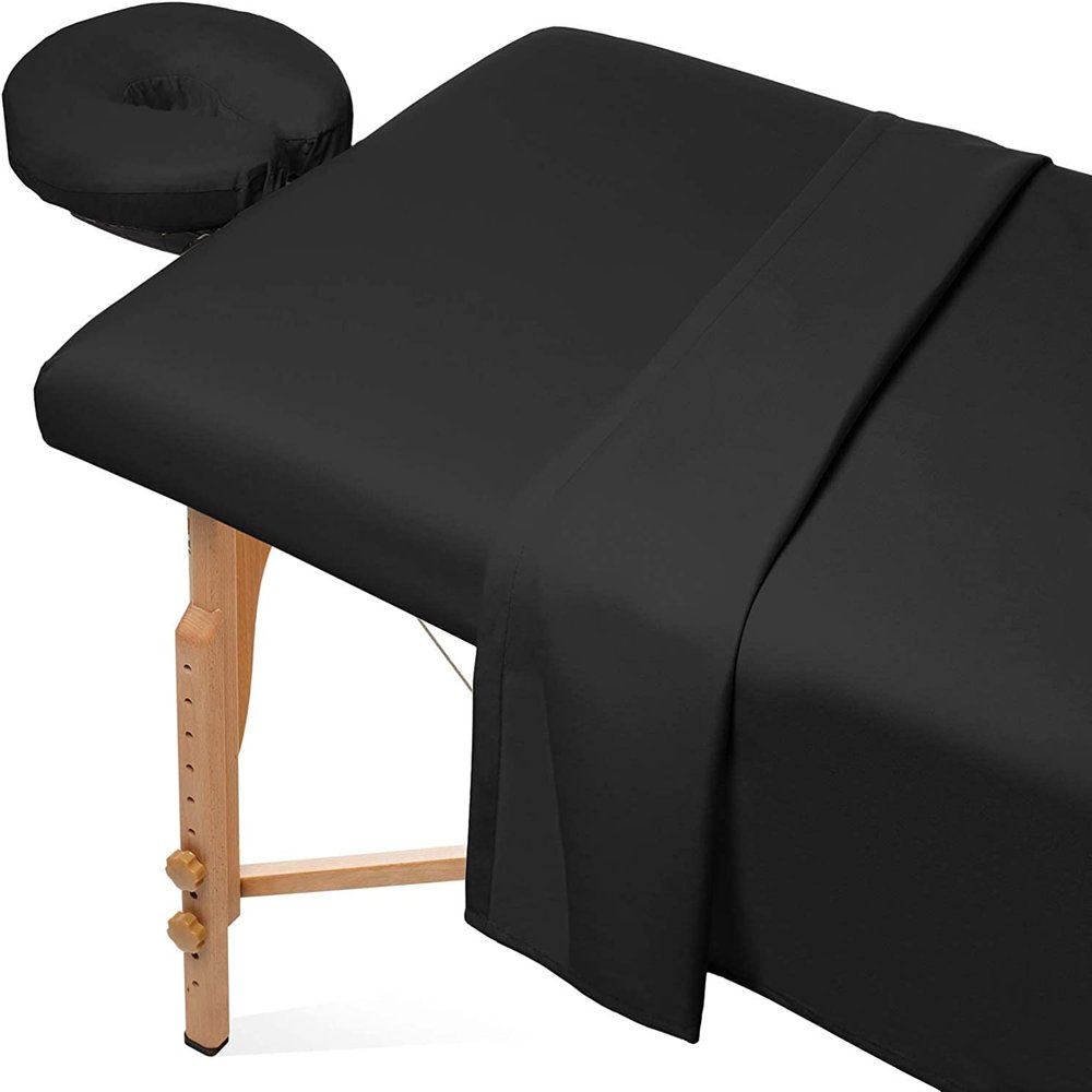 3 Pieces Massage Table Spa Sheet Set 600 Thread Count Ultra Soft Egyptian Cotton - 1 Fitted Sheet 1 Flat Sheet 1 Face Rest Cover - Black