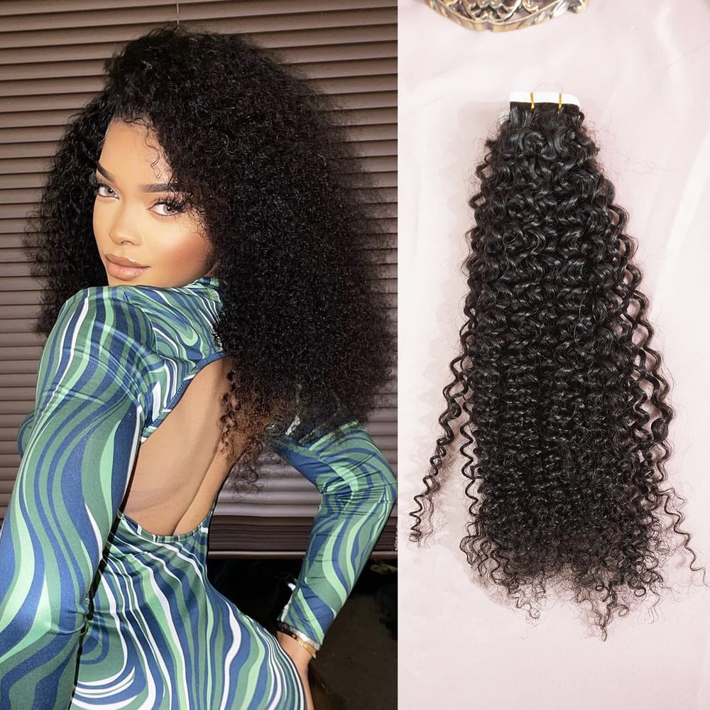 Tape in hair extensions kinky curly human hair 20pcs 3c Seamless tape ins for black women natural black color Invisible Seamless tape on hair extensions (24inch 20PCS)
