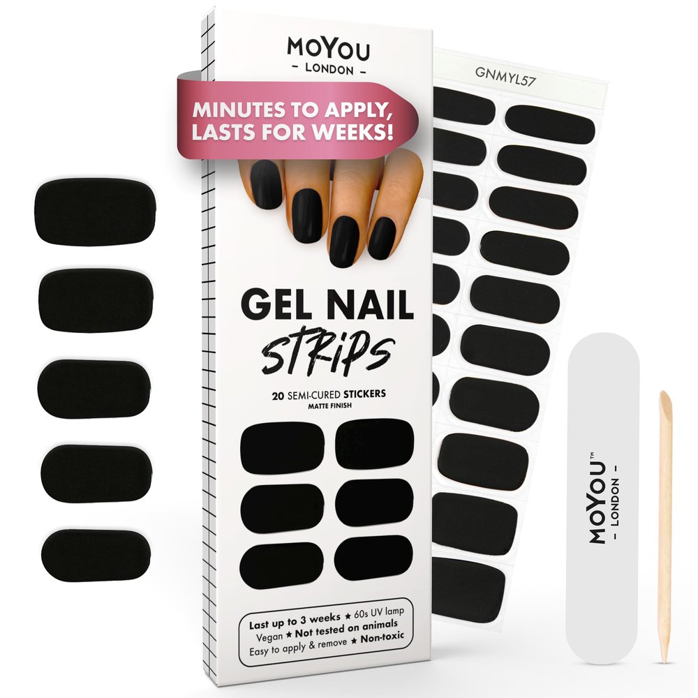 MOYOU LONDON Semi Cured Gel Nail Strips - 20 Pcs. Waterproof Gel Nail Wraps, Cures in Sunlight or UV/LED Lamp, Lasts Up to 2+ Weeks, Stretchable, Easy to Apply & Remove, Vegan & Cruelty-Free