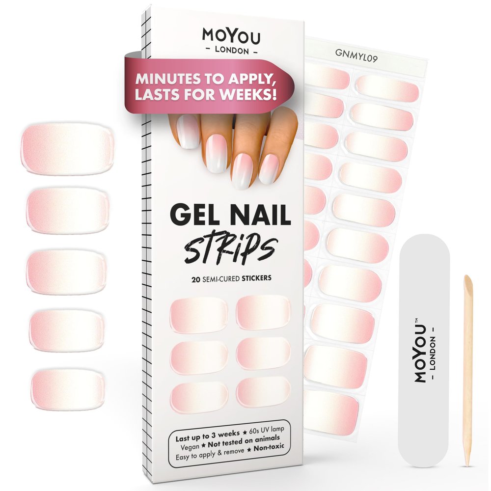 MOYOU LONDON Semi Cured Gel Nail Strips - 20 Pcs. Waterproof Gel Nail Wraps, Cures in Sunlight or UV/LED Lamp, Lasts Up to 2+ Weeks, Stretchable, Easy to Apply & Remove, Vegan & Cruelty-Free