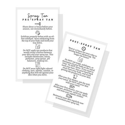 Lashicorn Spray Tan Pre and Post Care Aftercare Instructions | 50pk | How to care instructions before your spray tan Size 3.5 x 2 cards for professionals black and white