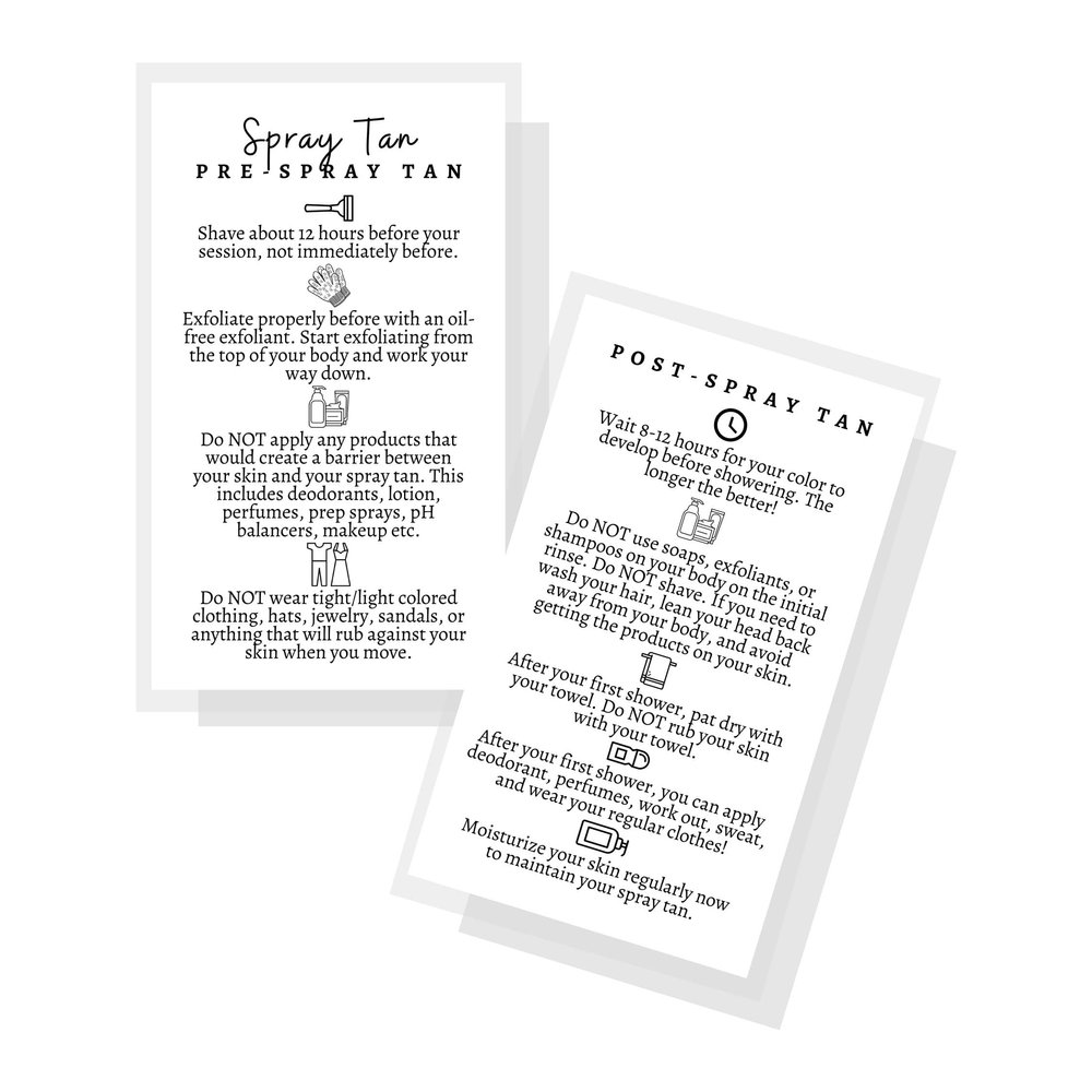 Lashicorn Spray Tan Pre and Post Care Aftercare Instructions | 50pk | How to care instructions before your spray tan Size 3.5 x 2 cards for professionals black and white