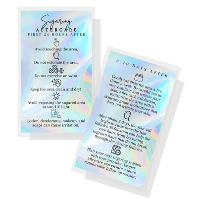 Sugaring Hair Removal Aftercare Cards | 50 Pack | Size 2x3.5 inches Business Card Size | Waxing Aftercare Kit Cards | Client Hand Out Wax Post Sugar FAQs Aftercare Faux Holographic Rainbow design