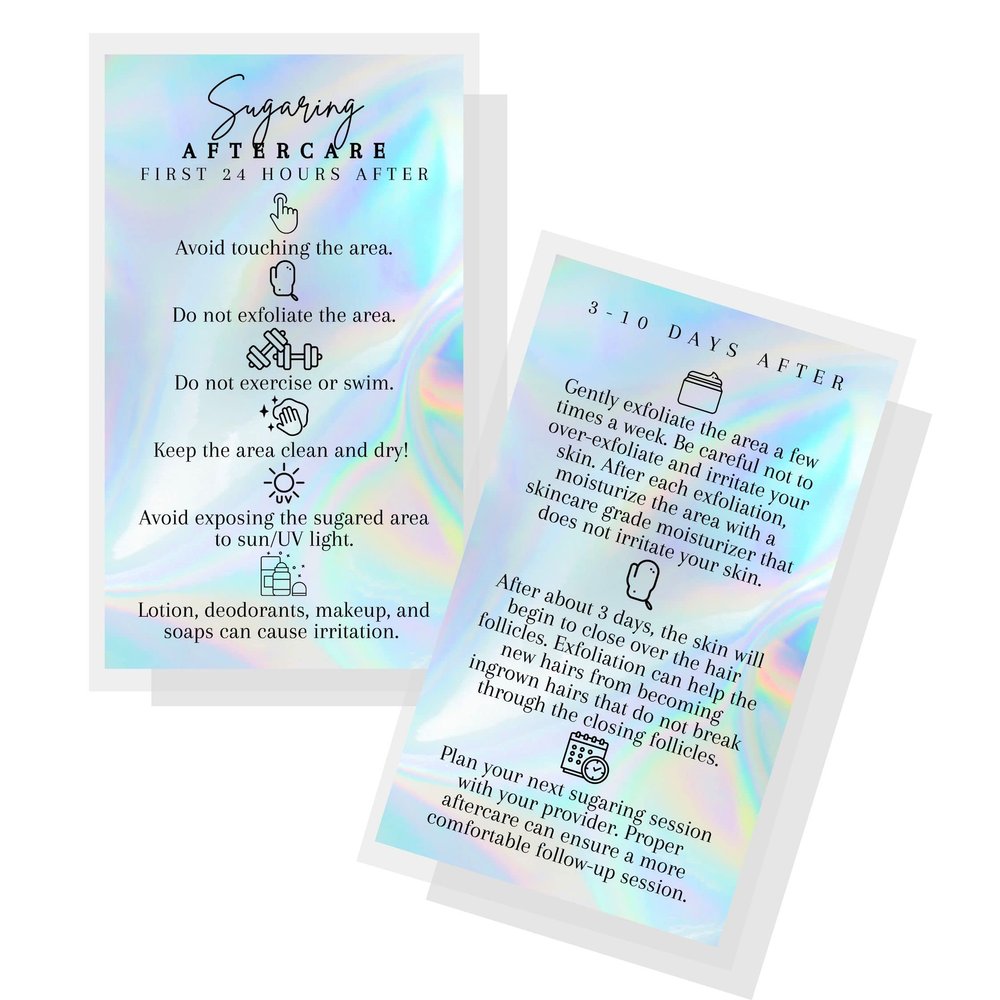 Sugaring Hair Removal Aftercare Cards | 50 Pack | Size 2x3.5 inches Business Card Size | Waxing Aftercare Kit Cards | Client Hand Out Wax Post Sugar FAQs Aftercare Faux Holographic Rainbow design