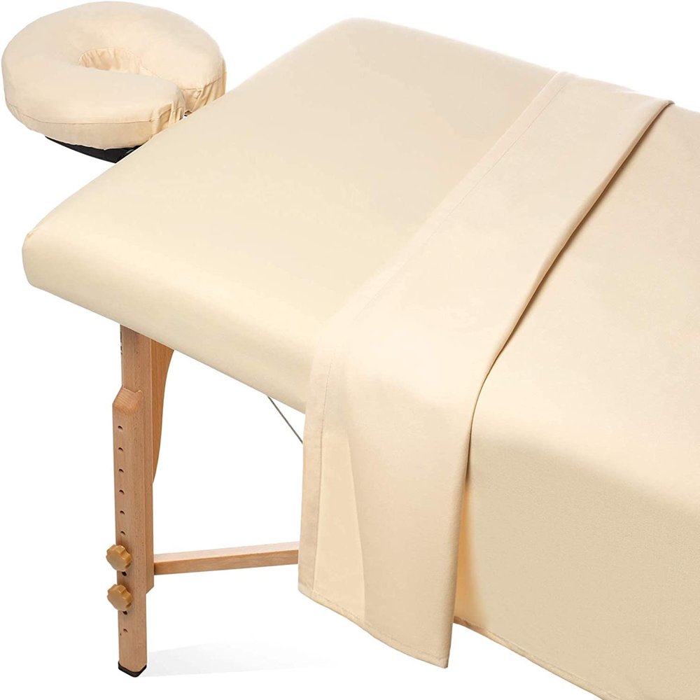 3 Pieces Massage Table Spa Sheet Set 600 Thread Count Ultra Soft Egyptian Cotton - 1 Fitted Sheet 1 Flat Sheet 1 Face Rest Cover - Ivory
