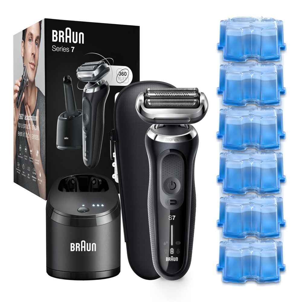 Braun Electric Razor for Men, Waterproof Foil Shaver, Series 7 7075cc, Wet & Dry Shave, with Beard Trimmer, Rechargeable, with Clean & Renew Refill Cartridges, 6 Count