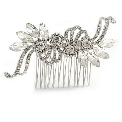 Bridal/Wedding/Prom/Party Silver Tone Clear Crystal Floral Hair Comb - 90mm W