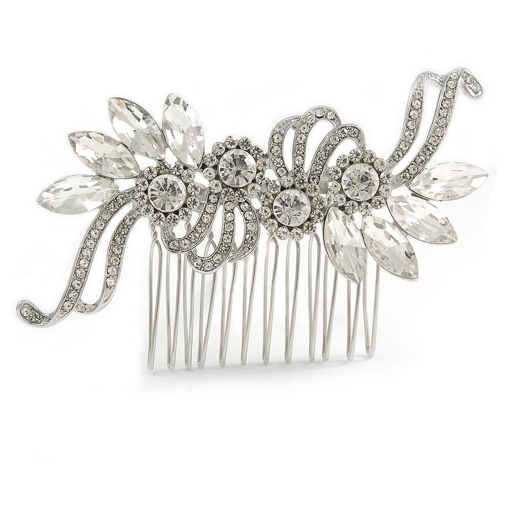 Bridal/Wedding/Prom/Party Silver Tone Clear Crystal Floral Hair Comb - 90mm W