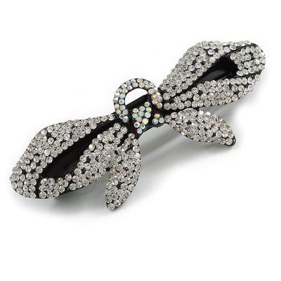 Clear/Ab Crystals Bow Barrette Hair Clip Grip In Black Tone - 100mm Across