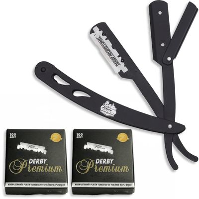 the shave factory Straight Edge Razor Kit - with Single | Stainless Steel razors for men from (Black / 200 Derby Premium Blades)