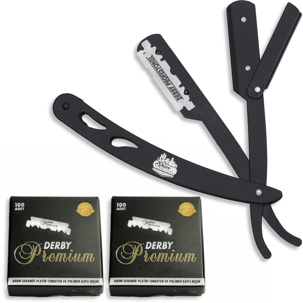 the shave factory Straight Edge Razor Kit - with Single | Stainless Steel razors for men from (Black / 200 Derby Premium Blades)