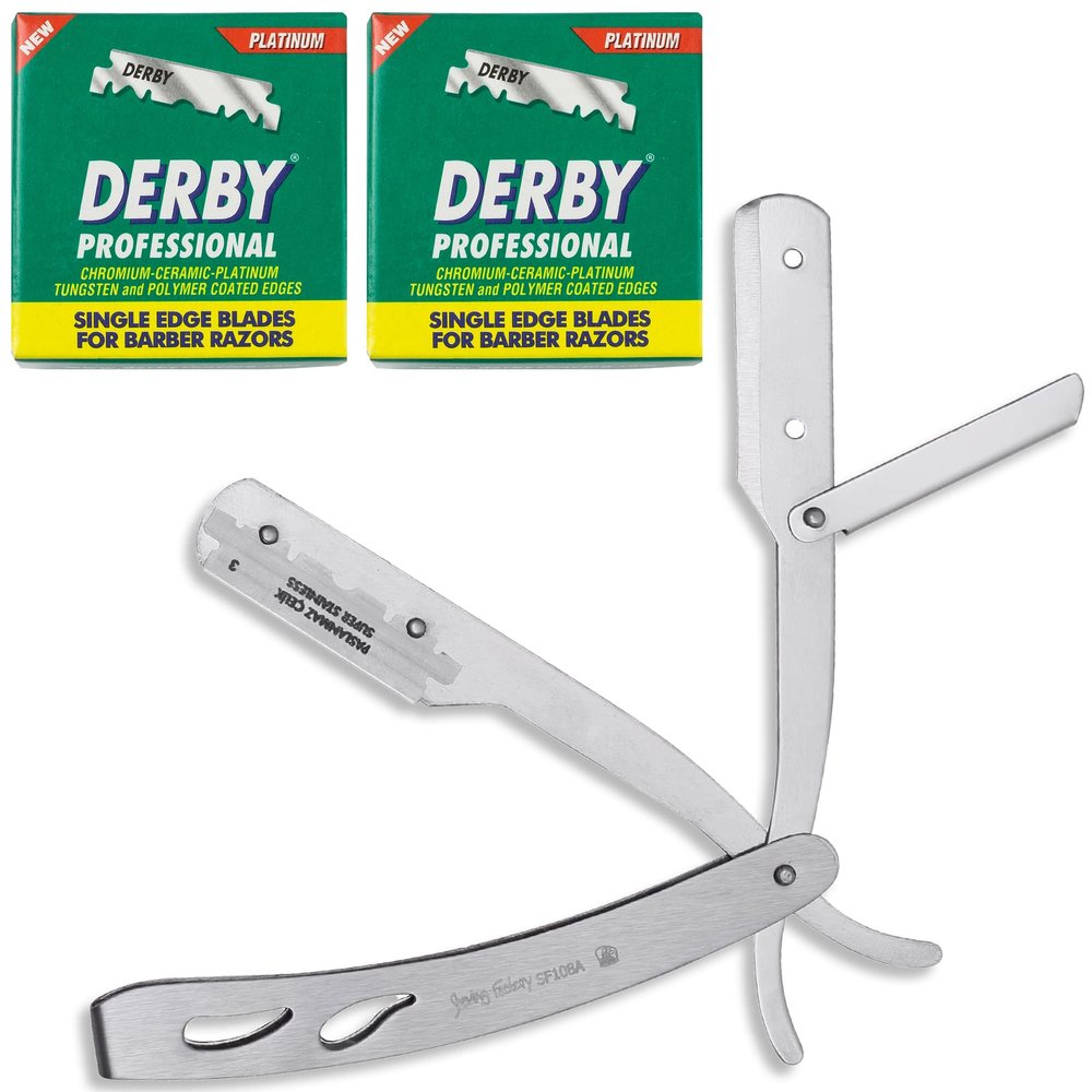 the shave factory Straight Edge Razor Kit - with Single | Stainless Steel razors for men from (Matte / 200 Derby Professional Blades)