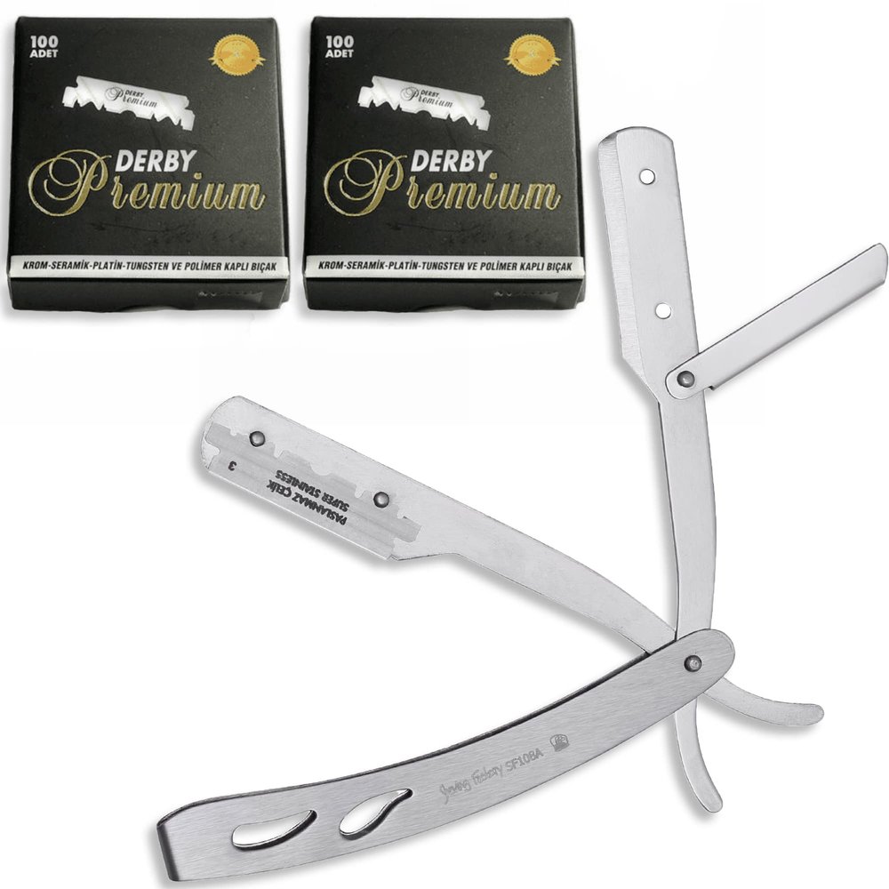 the shave factory Straight Edge Razor Kit - with Single | Stainless Steel razors for men from (Matte / 200 Derby Premium Blades)