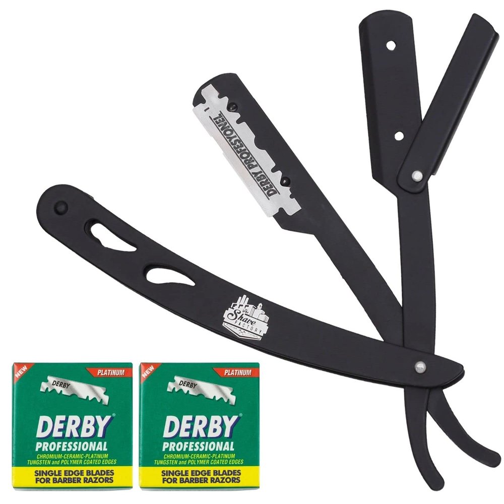 the shave factory Straight Edge Razor Kit - with Single | Stainless Steel razors for men from (Black / 200 Derby Professional Blades)