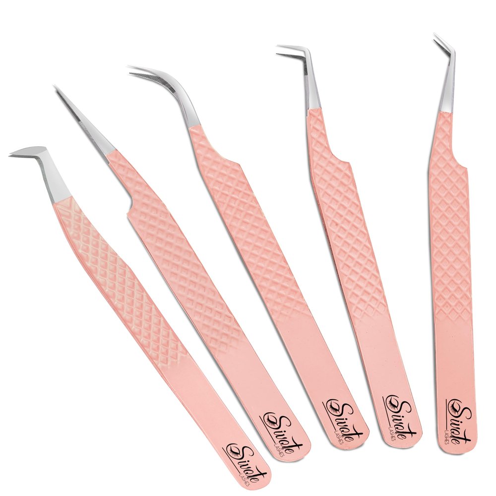 SIVOTE Lash Tweezers for Eyelash Extensions, Pack of 5 Peach  Lash Extension Tweezers Set with Diamond Grip, Precision Fiber Tip for Volume Eyelash Extensions
