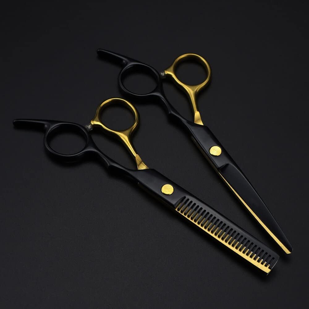 Professional Hair Cutting Shears, 6 Inch Professional Japan 440c 6cr Steel Black Gold Hair Scissors Cutting Barber Haircut Thinning Shears Hairdresser Scissors (Color : Set)
