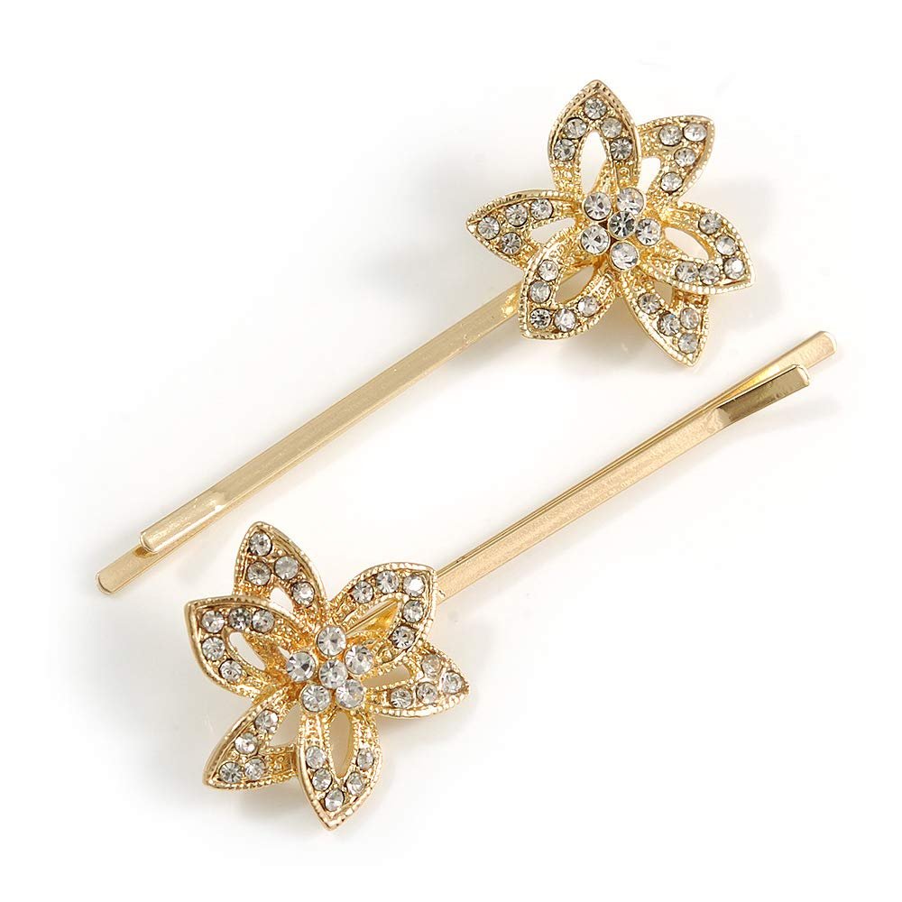 2 Bridal/Prom Clear Crystal Flower Hair Grips/Slides In Gold Tone - 65mm Across