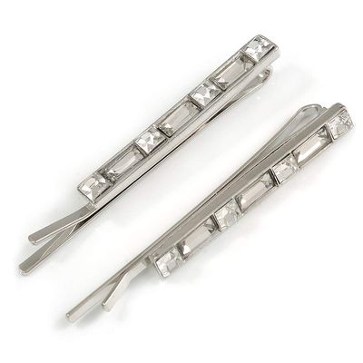 2 Rhodium Plated Clear Glass Stone Bar Hair Grips/Slides - 55mm