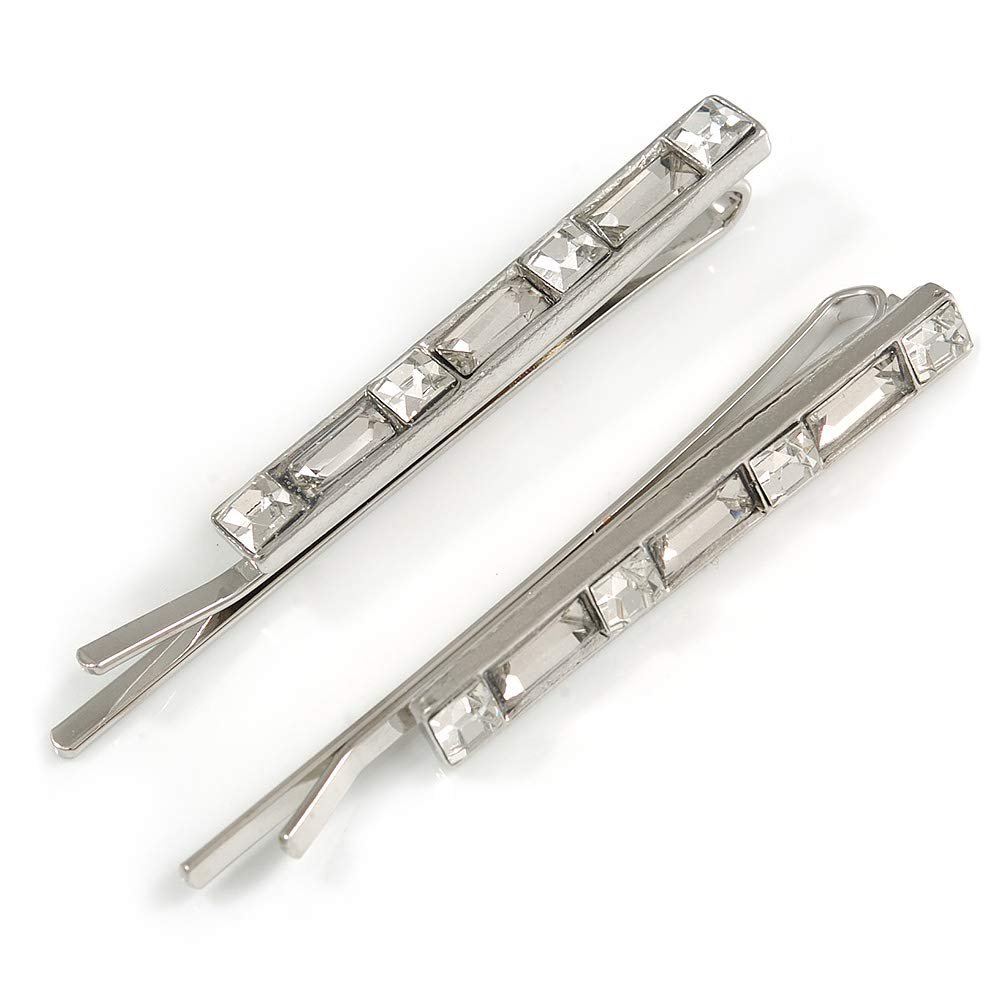 2 Rhodium Plated Clear Glass Stone Bar Hair Grips/Slides - 55mm