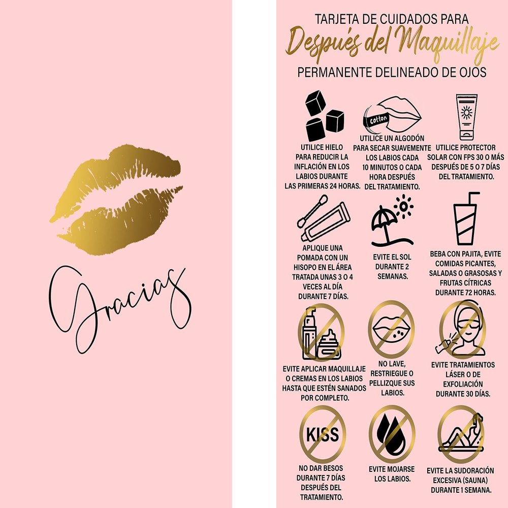 BRAWNA 50 Pink Spanish PMU Lip Blush Aftercare Thank You Cards - Instrucciones Para El Cuidado Despus Del Rubor De Labios Permanente - PMU Supplies -Microblading Kit -Pink