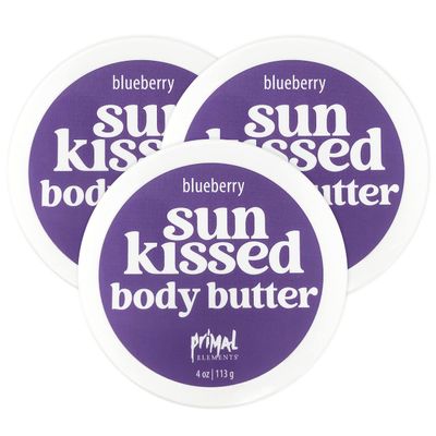 Primal Elements Sunkissed Body Butter with Coconut Oil, Shimmering Moisturizer for Ultimate Hydration and Nourishment, Suitable for All Skin Types, Instant Glow Blueberry, 3 pack (4 oz each)