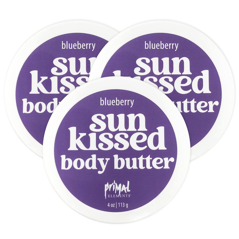 Primal Elements Sunkissed Body Butter with Coconut Oil, Shimmering Moisturizer for Ultimate Hydration and Nourishment, Suitable for All Skin Types, Instant Glow Blueberry, 3 pack (4 oz each)