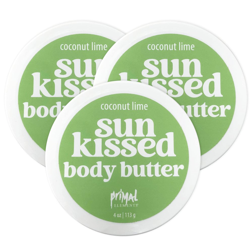 Primal Elements Sunkissed Body Butter with Coconut Oil, Shimmering Moisturizer for Ultimate Hydration and Nourishment, Suitable for All Skin Types, Instant Glow Coconut Lime, 3 pack (4 oz each)