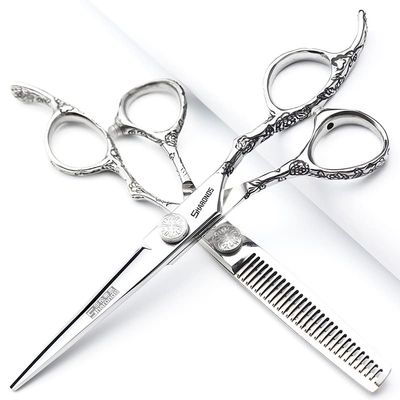 6/7 inch professional hairdressing scissors set exquisite rose pattern hairdressing special scissors styling tool stainless steel multifunctional hairdressing set (6in 2pc-B.)