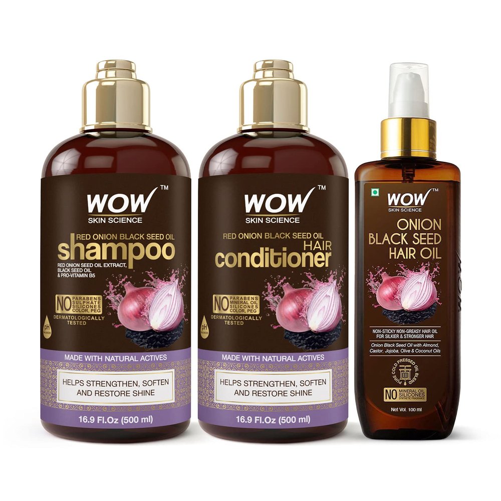 WOW Skin Science Onion Black Seed Oil Shampoo & Conditioner Treatment Set with Oil for Strong, Soft & Shine Hair for All, Dry, Damaged Hair Types, Sulfate, Paraben, Silicone Free