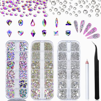 Nail Art Rhinestones Kit HUETFAT 240Piece Multi Shapes Glass Crystal AB Diamonds 2 Boxes Nail Gems Flatback Rhinestones AB Crystals+Clear for Crafts Shoes Makeup with Wax Pen/Tweezers