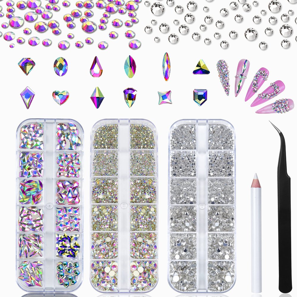 Nail Art Rhinestones Kit HUETFAT 240Piece Multi Shapes Glass Crystal AB Diamonds 2 Boxes Nail Gems Flatback Rhinestones AB Crystals+Clear for Crafts Shoes Makeup with Wax Pen/Tweezers