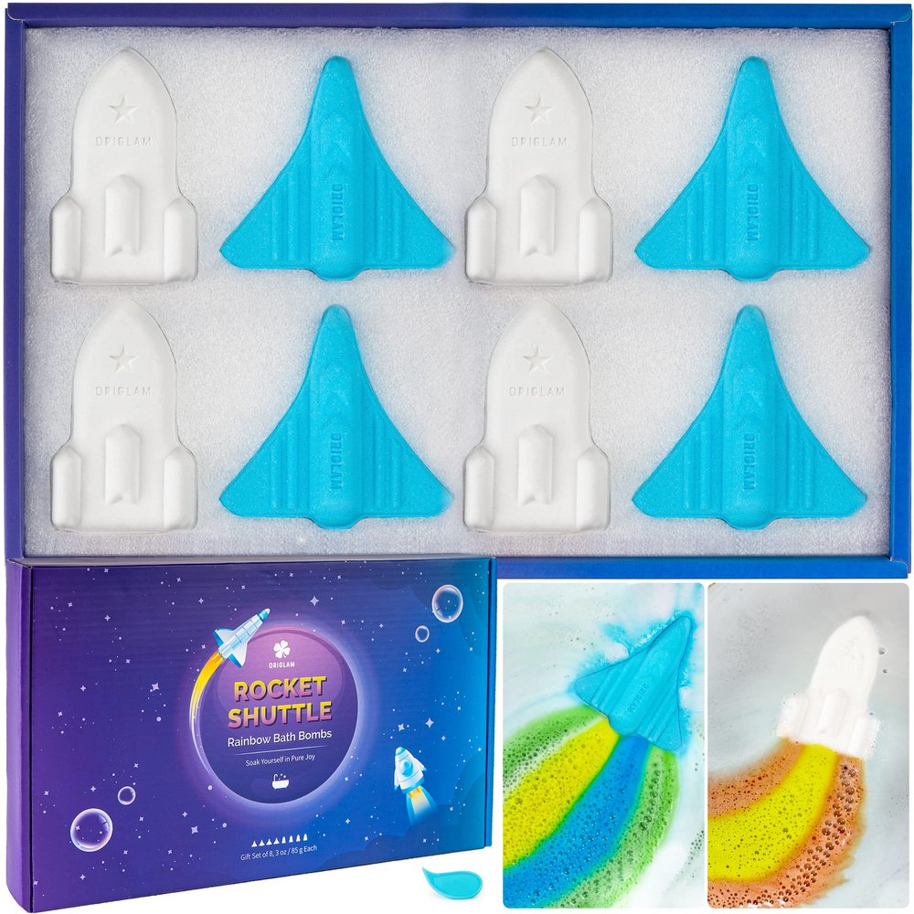 ORIGLAM Bath Bombs for Kids, 8 XL Organic Kids Bath Bombs for Boys, Space Plane & Rocket Rainbow Bath Bomb for Toddlers Individually Wrapped, Bulk Birthday Gifts for Men Party Favors for Kid 4-8-12