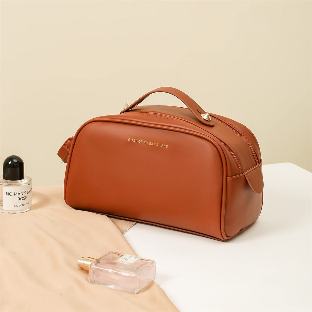2022New Large Double Zipper Style Large Capacity Travel Cosmetic Bag, Cosmetic Bag with Handle and Separator Multifunctional Storage Makeup Bags,Double zipper style (pink/mocha brown/white) ,Mocha br