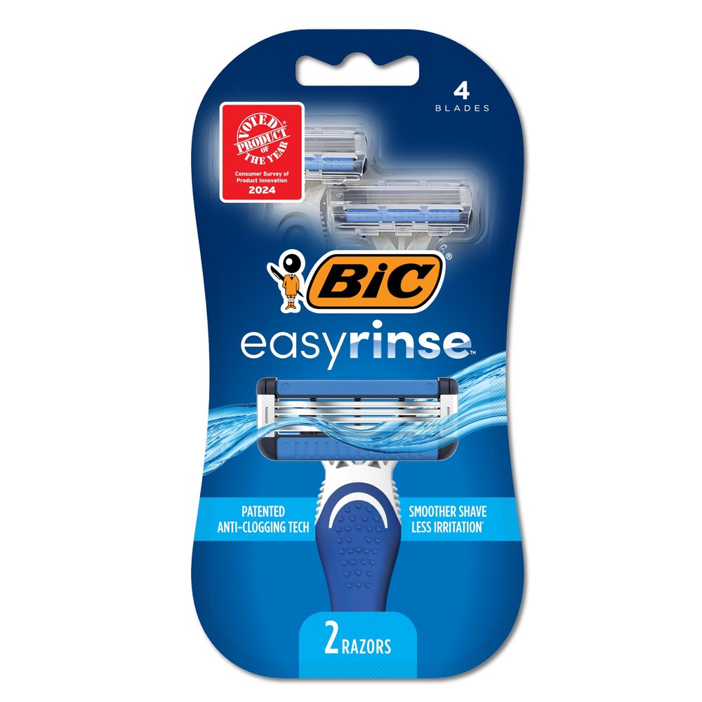 BIC EasyRinse Anti-Clogging Men's Disposable Razors for a Smoother Shave With Less Irritation, Shaving Razors With 4 Blades, 2 Count