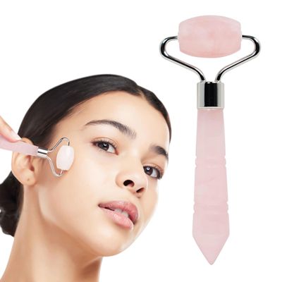 Mini Rose Quartz Roller - Face Roller - Gua Sha Facial Tools, Mini Rollers for Face, Skin Care Kit for Men Women, Guasha Tools for Faces, Facial Care Reduces Under-Eye Puffiness and Dark Circles