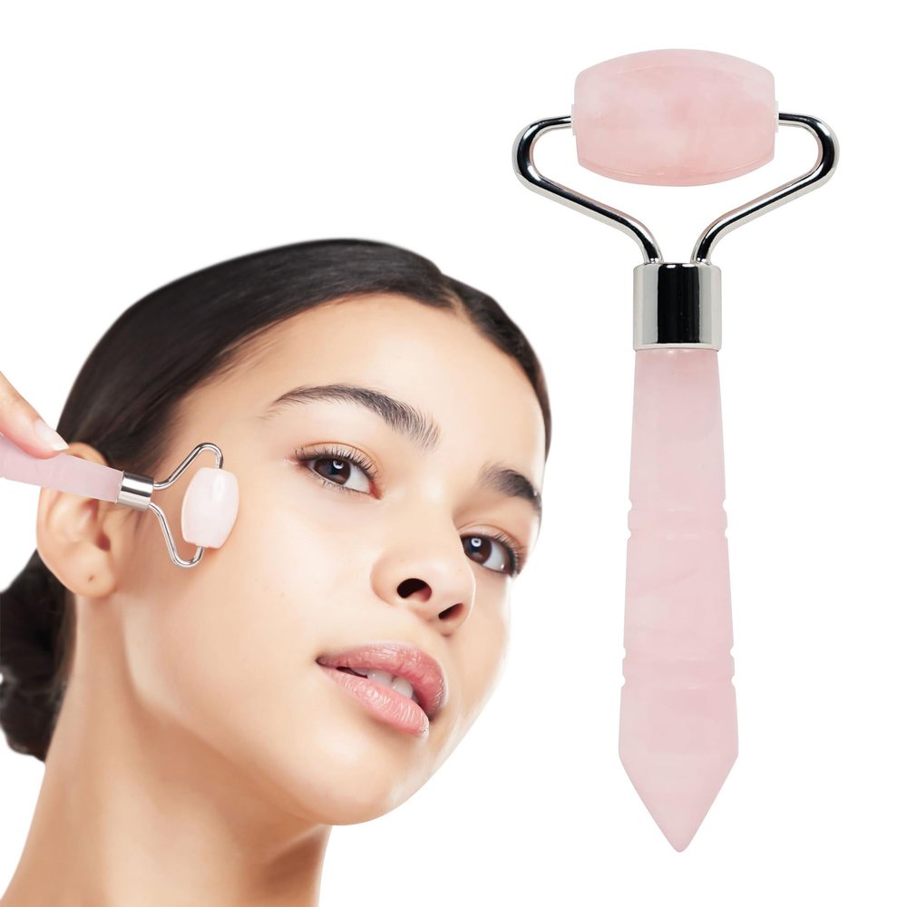 Mini Rose Quartz Roller - Face Roller - Gua Sha Facial Tools, Mini Rollers for Face, Skin Care Kit for Men Women, Guasha Tools for Faces, Facial Care Reduces Under-Eye Puffiness and Dark Circles