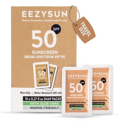 Mineral SPF 50 Travel Size Sunscreen Snap Packets 10pk - Infused with Aloe Vera - Vegan & Reef-Safe - Broad Spectrum - Non-Oily & Natural with UVA/UVB Protection, 0.27 FL OZ per packet