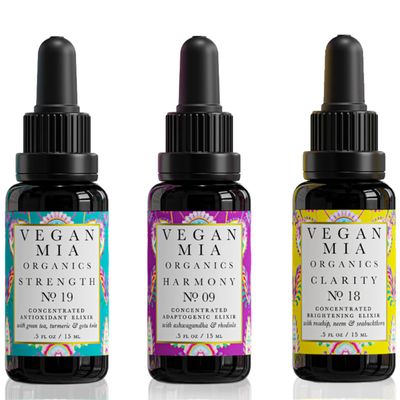 Vegan Mia - USDA Organic Concentrated Elixirs Discovery Kit Skincare Face Oil: Clarity Brightening & Balancing, Strength Antioxidant & Superfood, & Harmony Adaptogen - 0.5 fl oz Variety Pack of 3