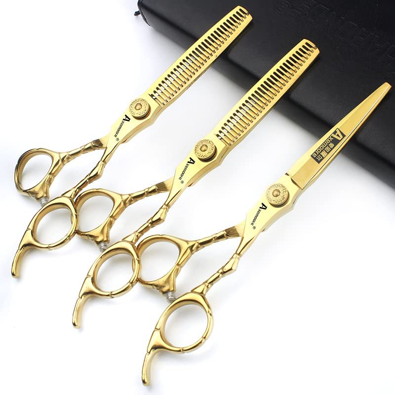 6 inch professional hairdressing scissors barber store haircutting scissors with flat teeth scissors threaded style (Gold 3PC)